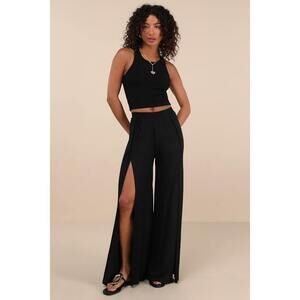 Lulus Knockout Black Knit Wide-leg Slit-front Pants - Size L